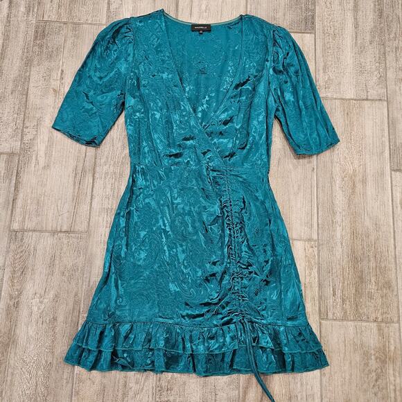 Revolve Majorelle Dress Size M Green Satin Floral Jacquard Puff Sleeve Ruffle - Picture 4 of 16